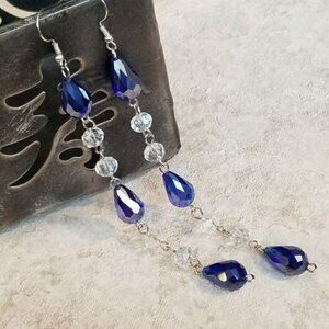 Artisan Blue Clear Shoulder Duster Teardrop Crystal 5" Long Earrings